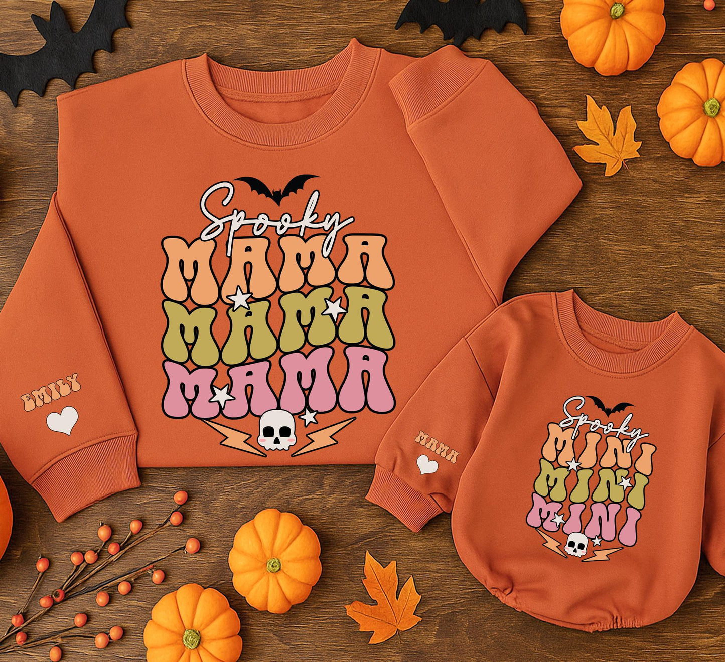 Spooky Mama & Mini Matching Sweatshirts: Retro Halloween Family Outfits, Bubble Letter Sweaters with Bats, Skulls, Stars – Spooky Season Gift! (138 chars)