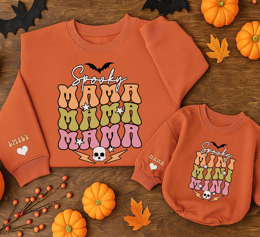 Spooky Mama & Mini Matching Sweatshirts: Retro Halloween Family Outfits, Bubble Letter Sweaters with Bats, Skulls, Stars – Spooky Season Gift! (138 chars)