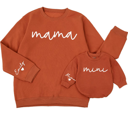 Mama & Mini Halloween Matching Set: Personalized Sweatshirt & Romper with Names on Sleeve. Cute Mommy and Me Outfit, Fall Family Thanksgiving Gift