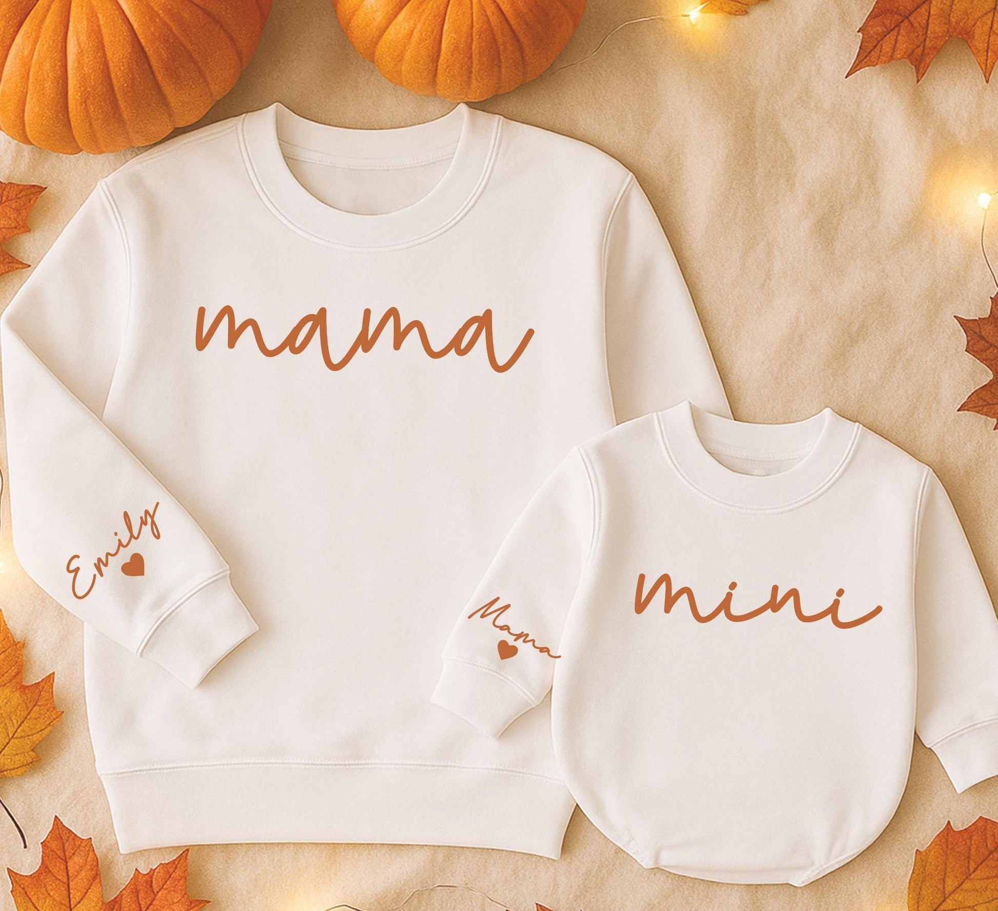 Mama & Mini Halloween Matching Set: Personalized Sweatshirt & Romper with Names on Sleeve. Cute Mommy and Me Outfit, Fall Family Thanksgiving Gift
