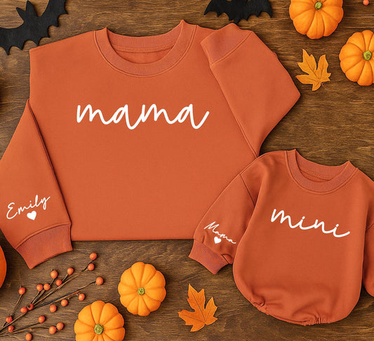 Mama & Mini Halloween Matching Set: Personalized Sweatshirt & Romper with Names on Sleeve. Cute Mommy and Me Outfit, Fall Family Thanksgiving Gift