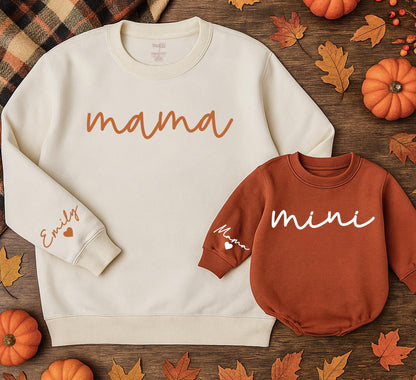 Mama & Mini Halloween Matching Set: Personalized Sweatshirt & Romper with Names on Sleeve. Cute Mommy and Me Outfit, Fall Family Thanksgiving Gift