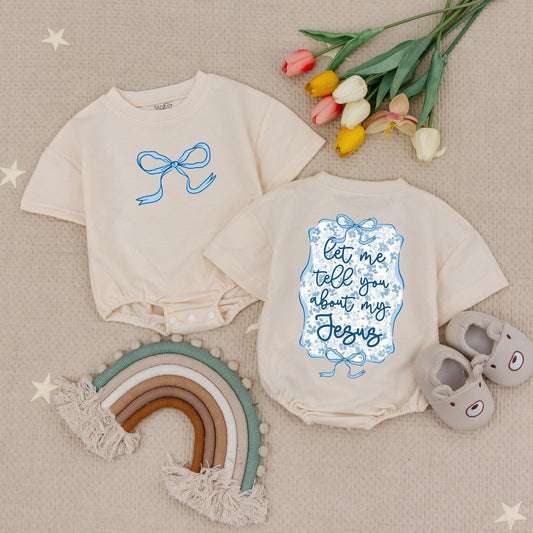 Sweet Jesus Wildflower Baby Romper, Cute Christian Outfit with Blue Bow & Floral Frame, Newborn Girl Gift, Faith-Based Bubble Romper, Soft Cotton, 138 chars