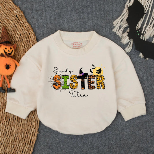 Spooky Sister Halloween Baby Romper with Witch's Hat, Talia Cursive Name, Cute Fall Infant Outfit, Girly Boo Costume