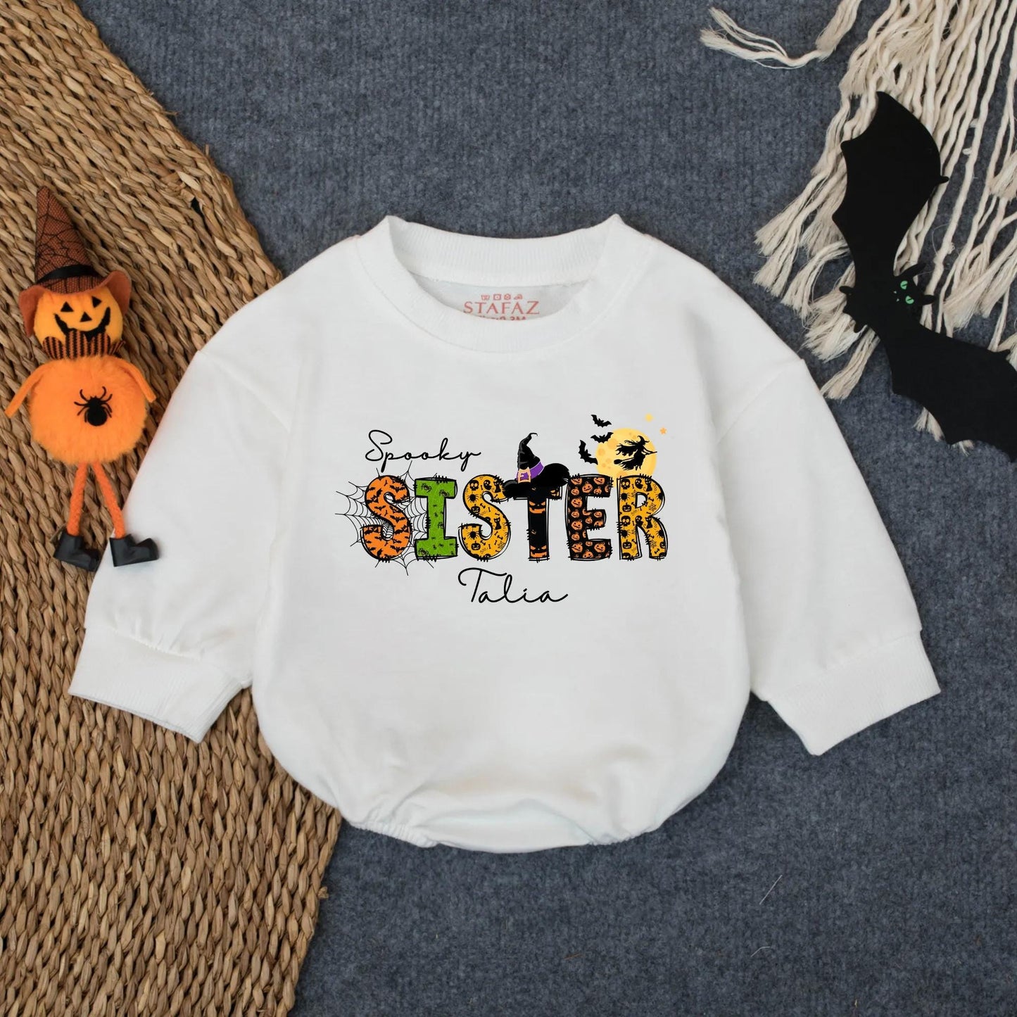 Spooky Sister Halloween Baby Romper with Witch's Hat, Talia Cursive Name, Cute Fall Infant Outfit, Girly Boo Costume