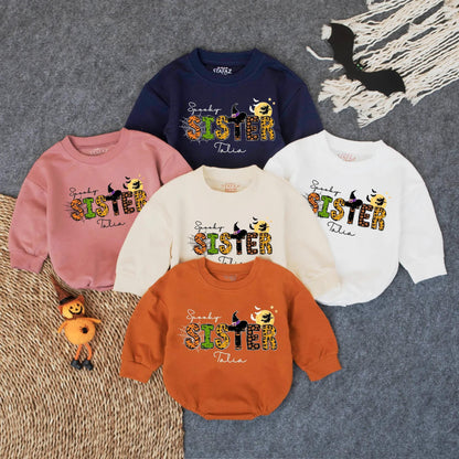 Spooky Sister Halloween Baby Romper with Witch's Hat, Talia Cursive Name, Cute Fall Infant Outfit, Girly Boo Costume