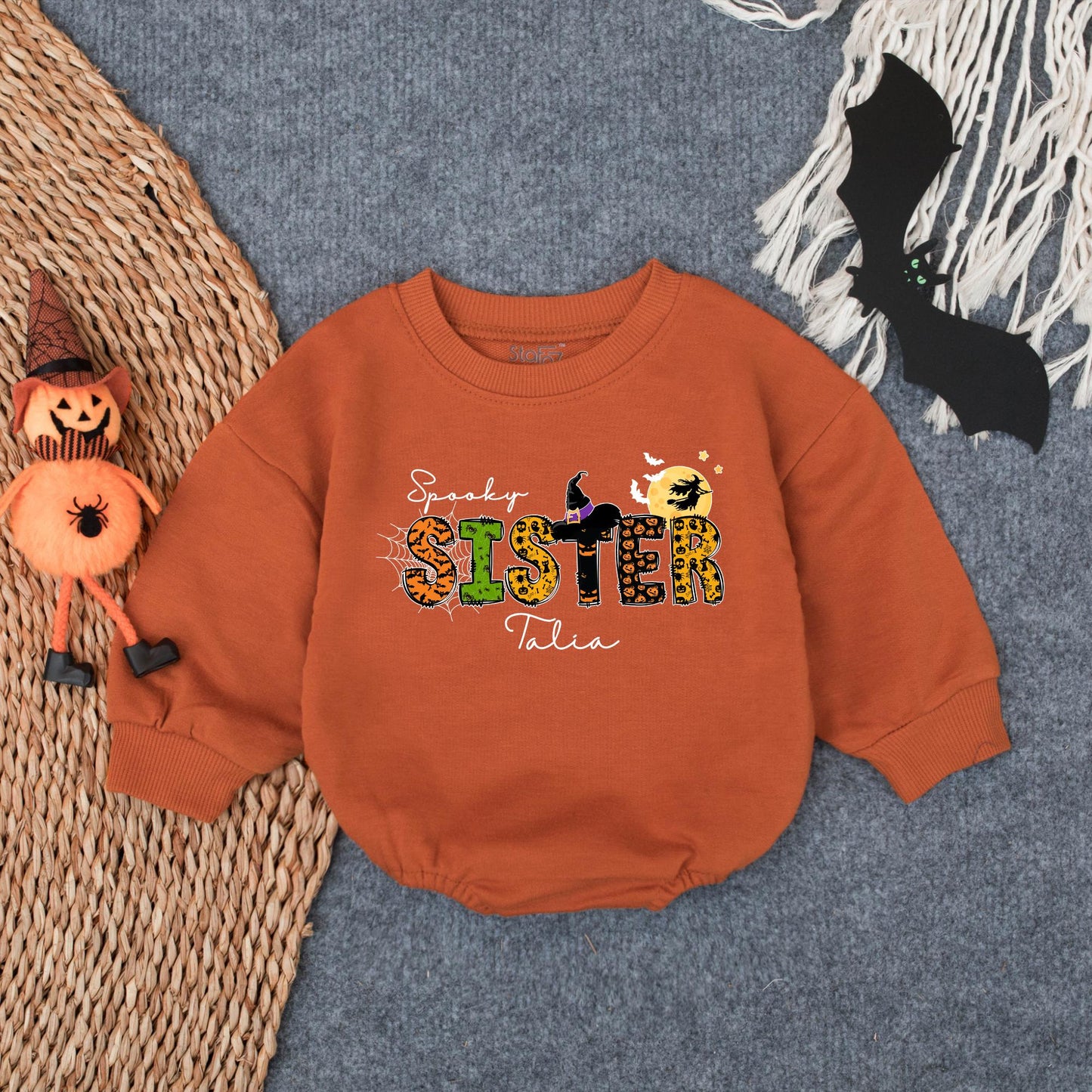 Spooky Sister Halloween Baby Romper with Witch's Hat, Talia Cursive Name, Cute Fall Infant Outfit, Girly Boo Costume
