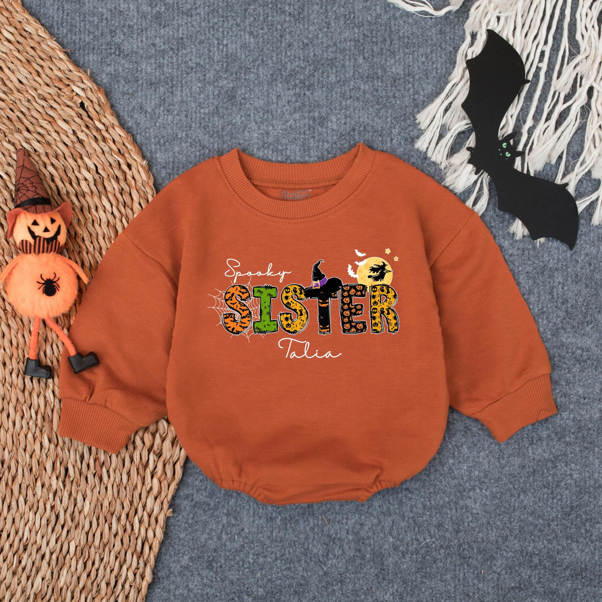 Spooky Sister Halloween Baby Romper with Witch's Hat, Talia Cursive Name, Cute Fall Infant Outfit, Girly Boo Costume