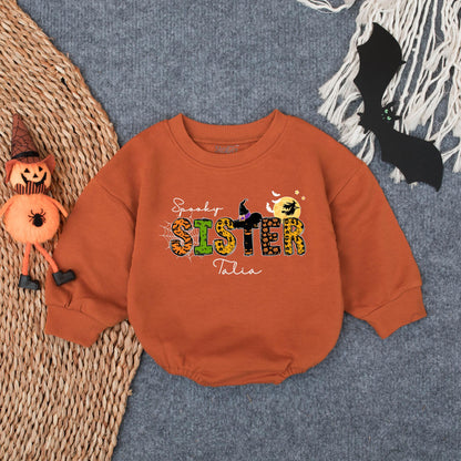 Spooky Sister Halloween Baby Romper with Witch's Hat, Talia Cursive Name, Cute Fall Infant Outfit, Girly Boo Costume