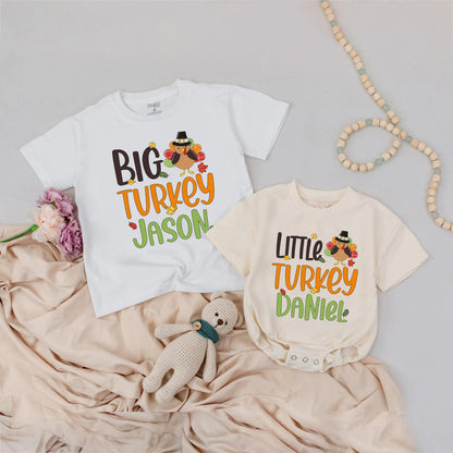 Personalized Big Turkey Matching Thanksgiving Shirts Little Turkey Outfit Custom Name Fall Family Shirts Pilgrim Hat Cartoon Thanksgiving Gift Idea (139 chars)