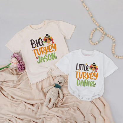Personalized Big Turkey Matching Thanksgiving Shirts Little Turkey Outfit Custom Name Fall Family Shirts Pilgrim Hat Cartoon Thanksgiving Gift Idea (139 chars)