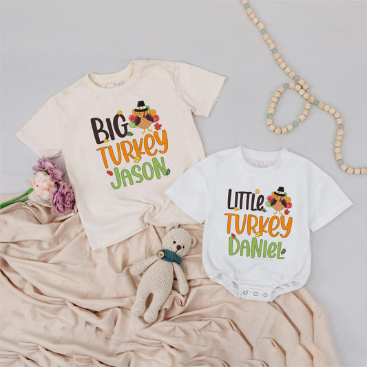 Personalized Big Turkey Matching Thanksgiving Shirts Little Turkey Outfit Custom Name Fall Family Shirts Pilgrim Hat Cartoon Thanksgiving Gift Idea (139 chars)