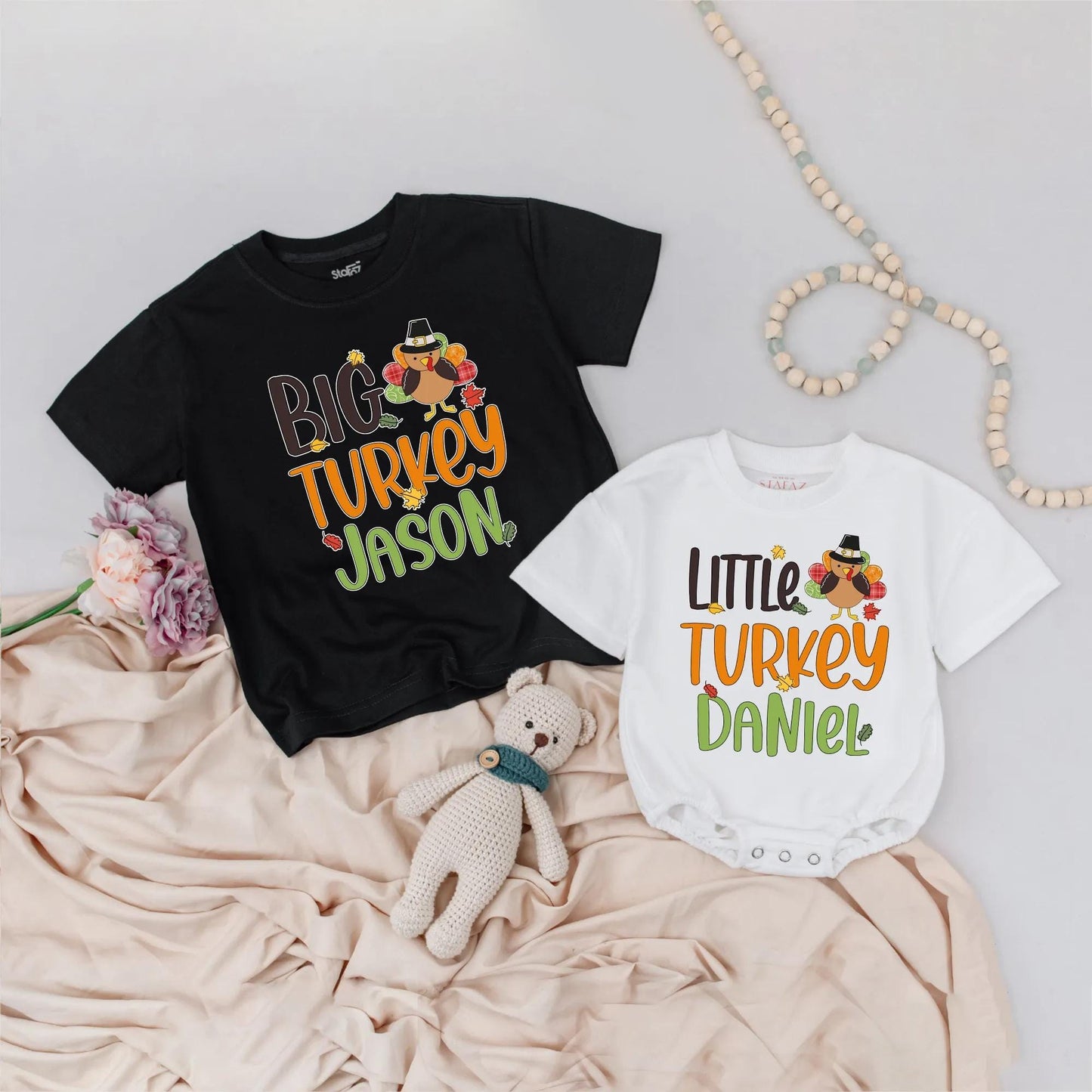 Personalized Big Turkey Matching Thanksgiving Shirts Little Turkey Outfit Custom Name Fall Family Shirts Pilgrim Hat Cartoon Thanksgiving Gift Idea (139 chars)