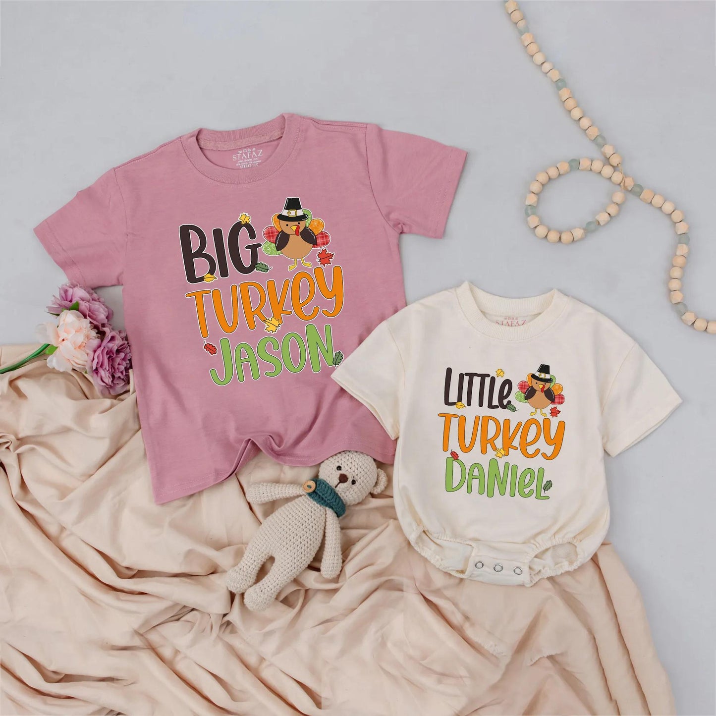 Personalized Big Turkey Matching Thanksgiving Shirts Little Turkey Outfit Custom Name Fall Family Shirts Pilgrim Hat Cartoon Thanksgiving Gift Idea (139 chars)