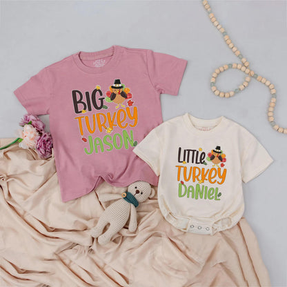 Personalized Big Turkey Matching Thanksgiving Shirts Little Turkey Outfit Custom Name Fall Family Shirts Pilgrim Hat Cartoon Thanksgiving Gift Idea (139 chars)