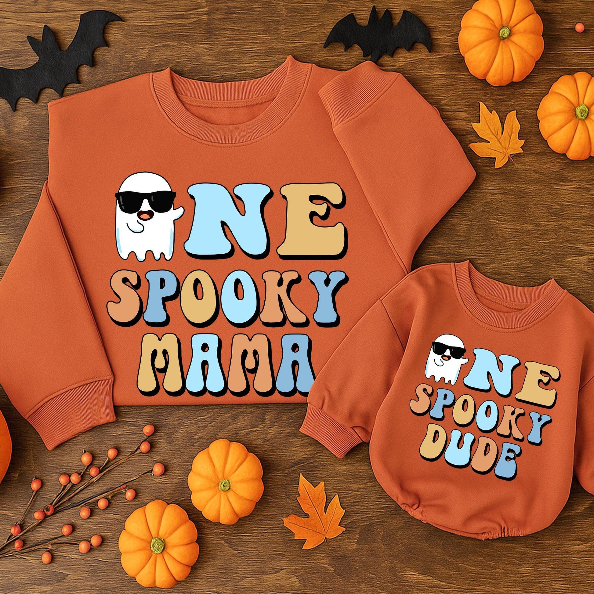 One Spooky Dude 1st Birthday Halloween Outfit Baby Boy Sweatshirt Romper Retro Ghost Sunglasses Design, Light Blue Orange White First Birthday Party Clothes