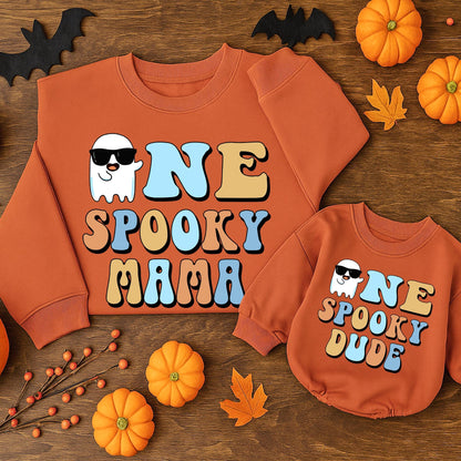One Spooky Dude 1st Birthday Halloween Outfit Baby Boy Sweatshirt Romper Retro Ghost Sunglasses Design, Light Blue Orange White First Birthday Party Clothes