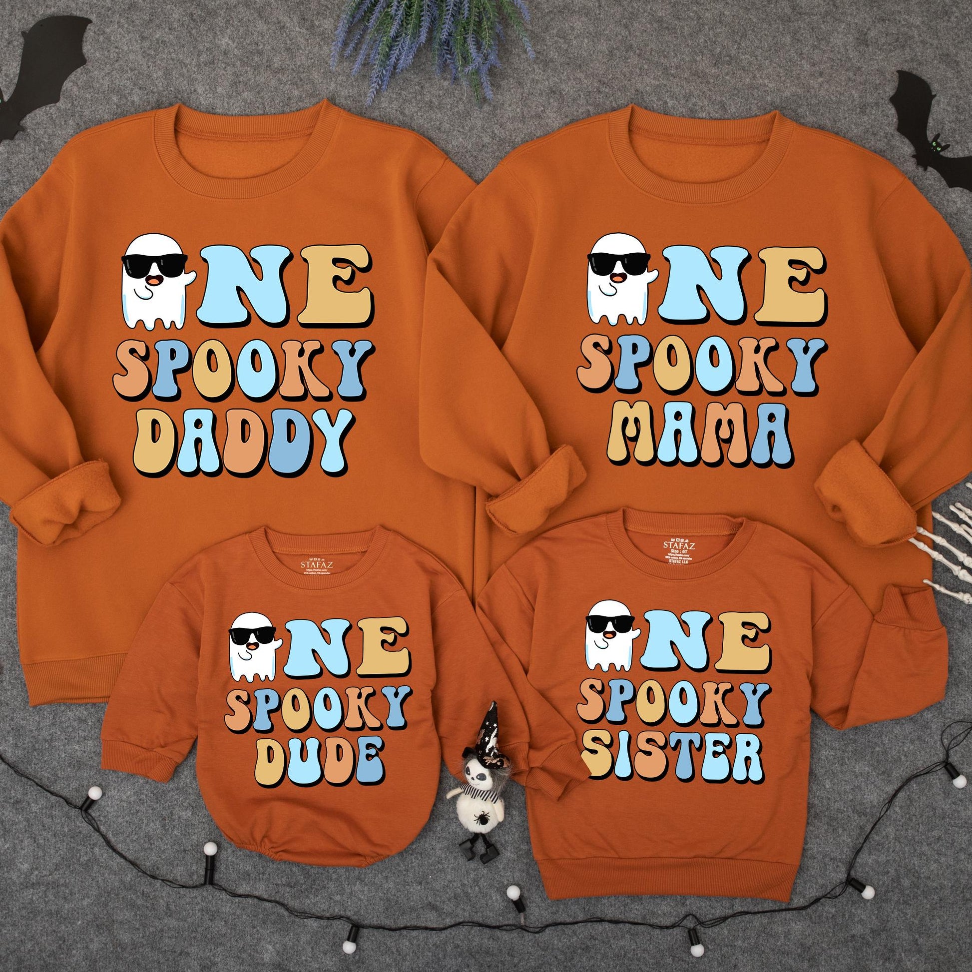 One Spooky Dude 1st Birthday Halloween Outfit Baby Boy Sweatshirt Romper Retro Ghost Sunglasses Design, Light Blue Orange White First Birthday Party Clothes