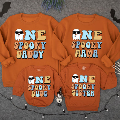 One Spooky Dude 1st Birthday Halloween Outfit Baby Boy Sweatshirt Romper Retro Ghost Sunglasses Design, Light Blue Orange White First Birthday Party Clothes