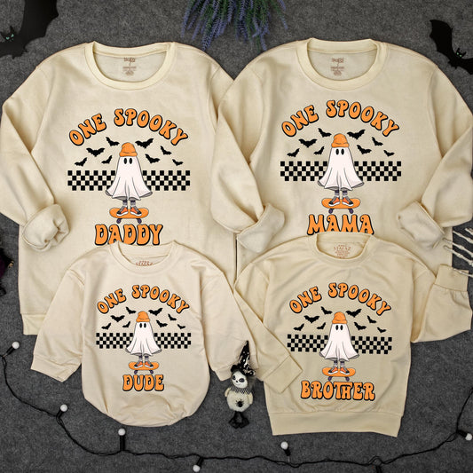 One Spooky Dude Birthday Sweater: Halloween Ghost Skateboard, Checkered Baby Boy Outfit, Matching Family Halloween Sweatshirt, Spooky First Birthday