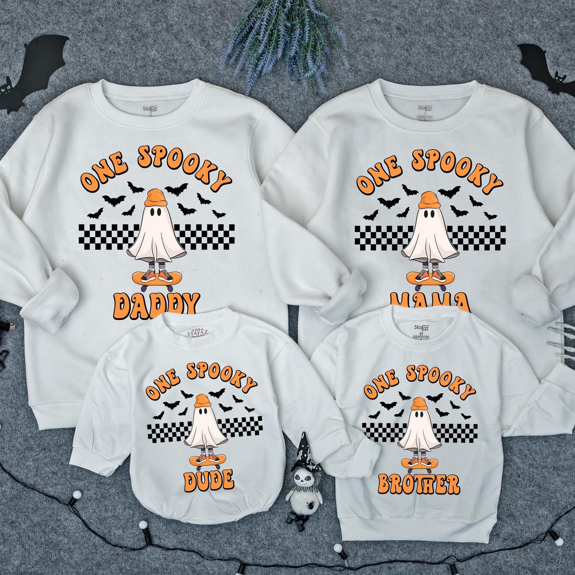 One Spooky Dude Birthday Sweater: Halloween Ghost Skateboard, Checkered Baby Boy Outfit, Matching Family Halloween Sweatshirt, Spooky First Birthday