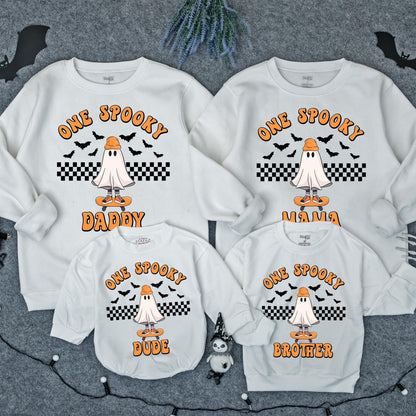 One Spooky Dude Birthday Sweater: Halloween Ghost Skateboard, Checkered Baby Boy Outfit, Matching Family Halloween Sweatshirt, Spooky First Birthday