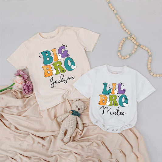 Custom Halloween Big Bro Lil Bro Shirts, Retro Spooky Matching Sibling Outfit, Personalized Brother Names Teal Orange Ghost Bat Tee, Costume
