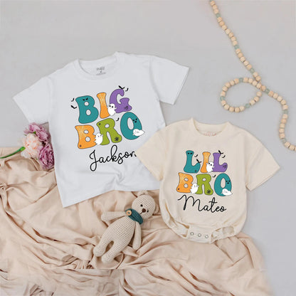 Custom Halloween Big Bro Lil Bro Shirts, Retro Spooky Matching Sibling Outfit, Personalized Brother Names Teal Orange Ghost Bat Tee, Costume