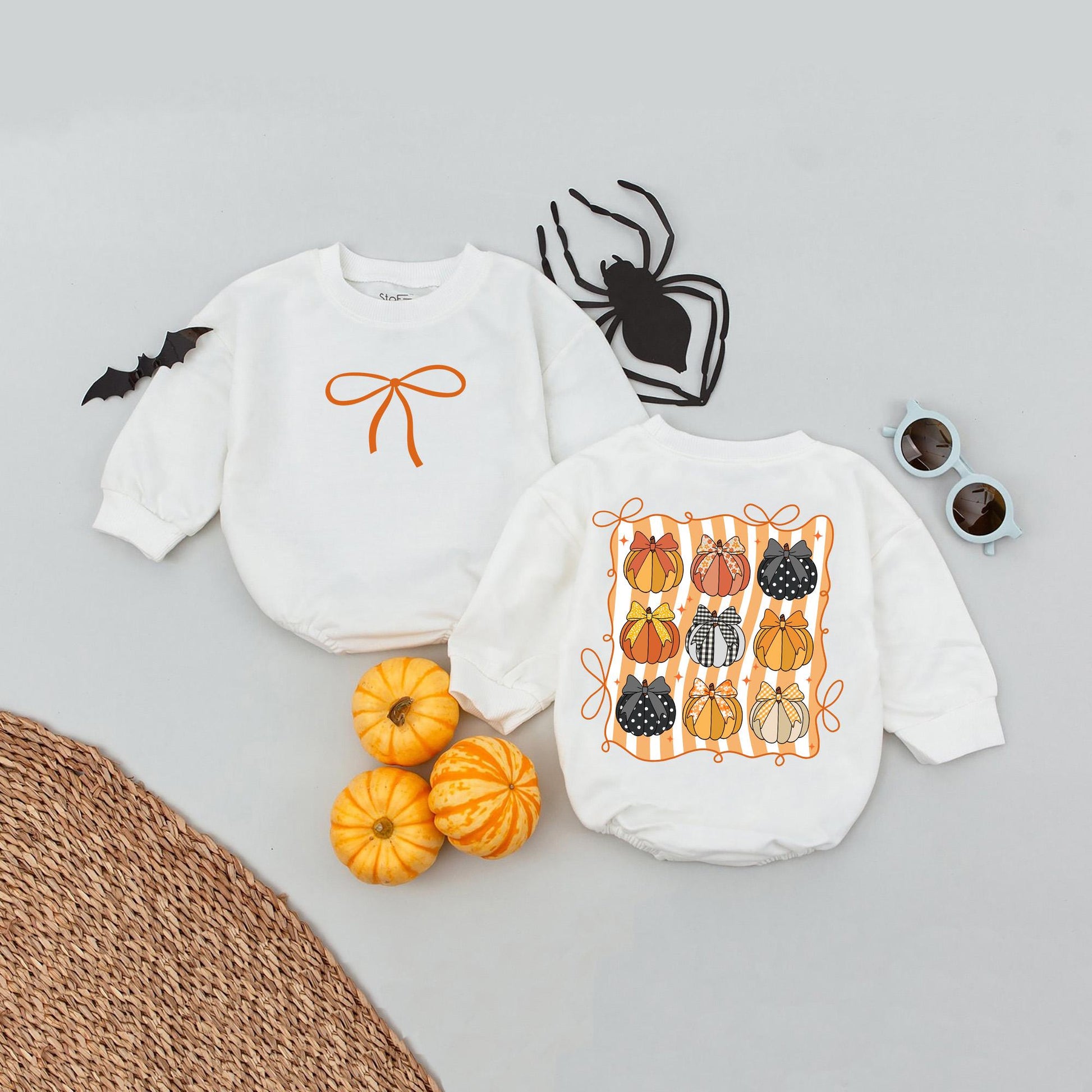Cute Fall Brown Bow Pumpkin Bubble Romper for Baby Girls Retro Autumn Outfit with Vertical Stripes Soft Cotton Autumn Baby Gift