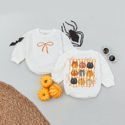 Cute Fall Brown Bow Pumpkin Bubble Romper for Baby Girls Retro Autumn Outfit with Vertical Stripes Soft Cotton Autumn Baby Gift