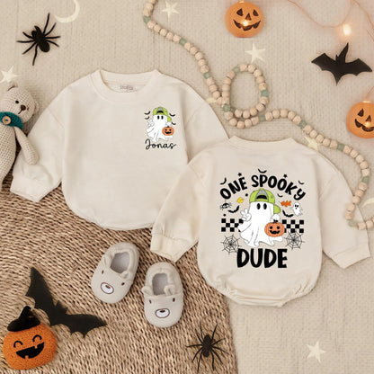 Customized One Spooky Dude Bubble Romper Baby Boy First Halloween Outfit Toddler Spooky Costume Black White Checkered Spiderweb Ghost Pumpkin