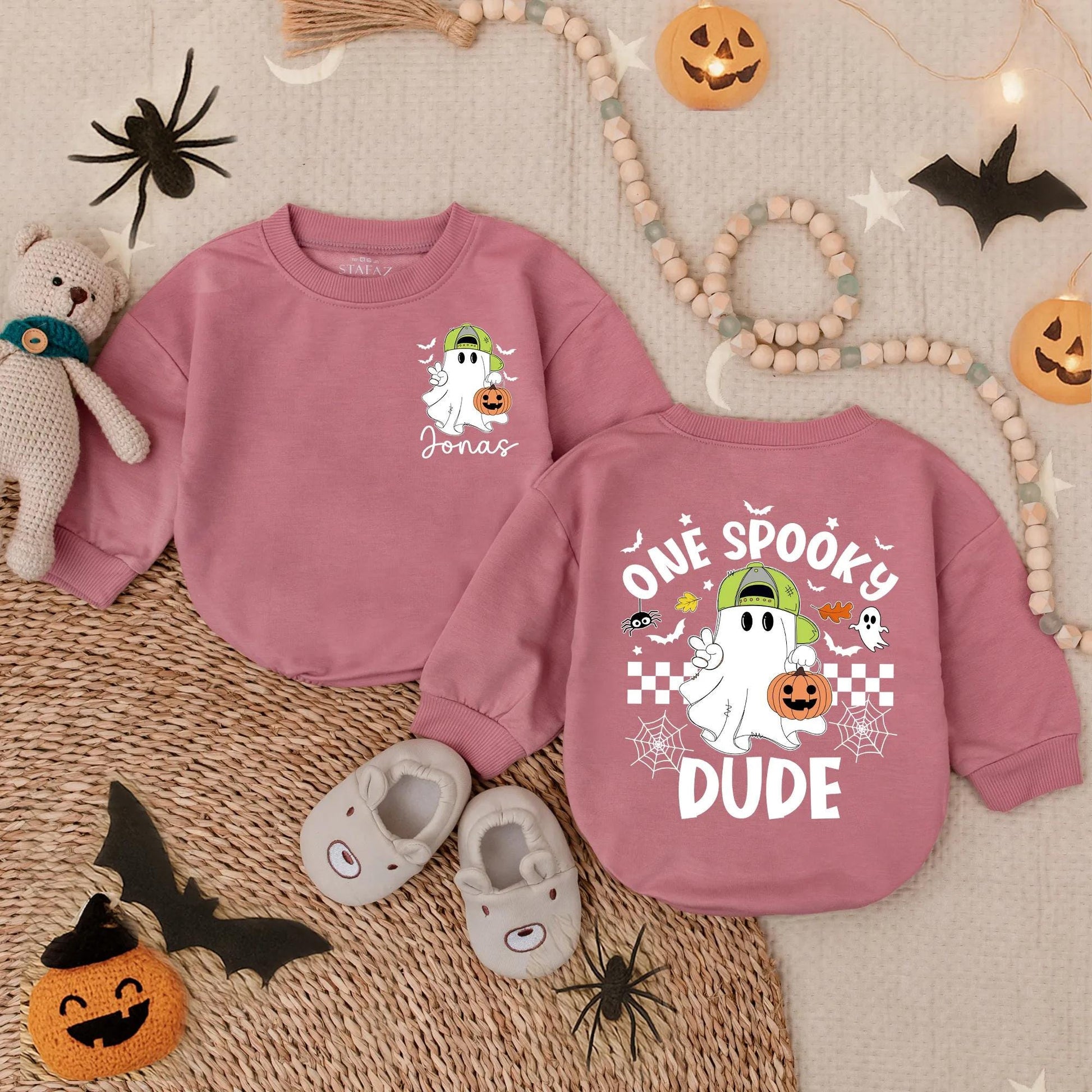 Customized One Spooky Dude Bubble Romper Baby Boy First Halloween Outfit Toddler Spooky Costume Black White Checkered Spiderweb Ghost Pumpkin