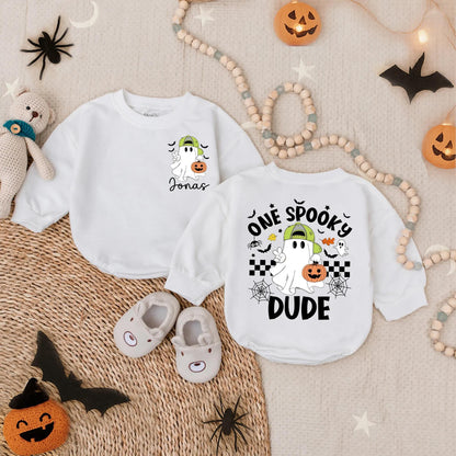 Customized One Spooky Dude Bubble Romper Baby Boy First Halloween Outfit Toddler Spooky Costume Black White Checkered Spiderweb Ghost Pumpkin