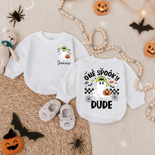 Customized One Spooky Dude Bubble Romper Baby Boy First Halloween Outfit Toddler Spooky Costume Black White Checkered Spiderweb Ghost Pumpkin