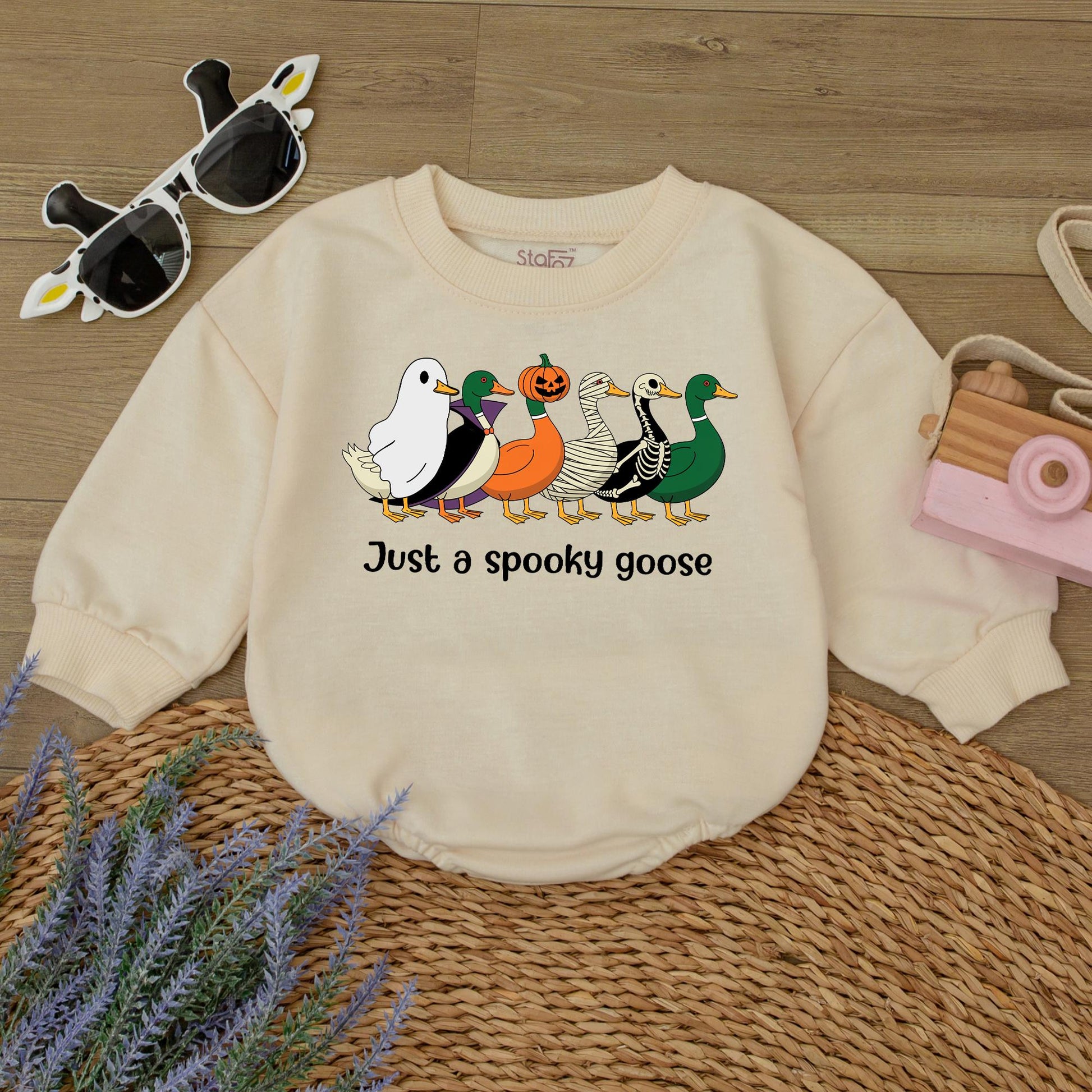 Spooky Goose Halloween Baby Romper: Funny Costume Sweatshirt Outfit! Cute Ghost, Mummy, & Jack-O-Lantern Cartoon Geese for Fall, 1st Birthday Gift (139 chars)