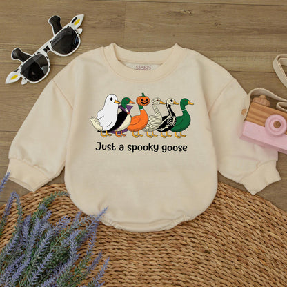 Spooky Goose Halloween Baby Romper: Funny Costume Sweatshirt Outfit! Cute Ghost, Mummy, & Jack-O-Lantern Cartoon Geese for Fall, 1st Birthday Gift (139 chars)