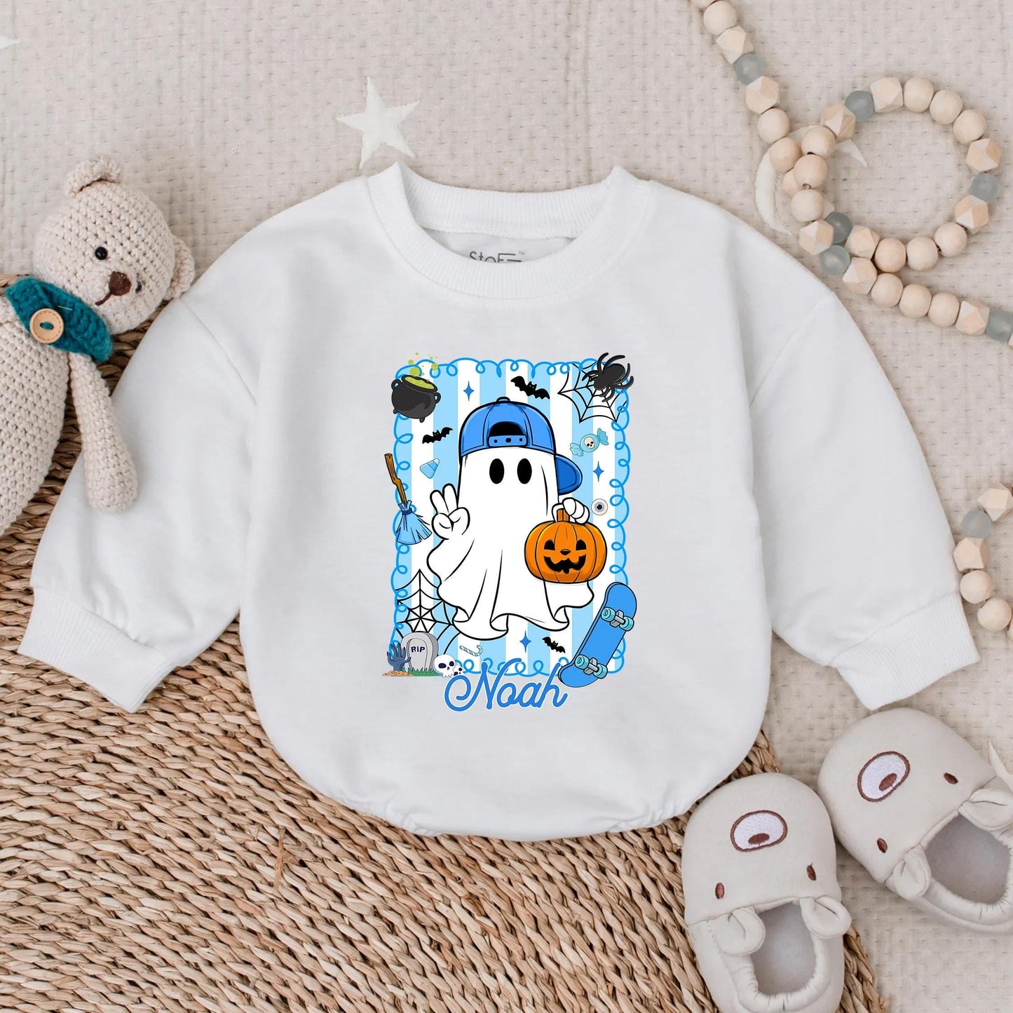 Spooky Dude Personalized Halloween Romper, Baby's First Halloween Outfit with Cartoon Ghost, Bats & Tombstones, Fall Baby Boy Costume, Noah's Outfit (139 chars)