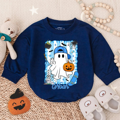 Spooky Dude Personalized Halloween Romper, Baby's First Halloween Outfit with Cartoon Ghost, Bats & Tombstones, Fall Baby Boy Costume, Noah's Outfit (139 chars)