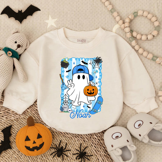Spooky Dude Personalized Halloween Romper, Baby's First Halloween Outfit with Cartoon Ghost, Bats & Tombstones, Fall Baby Boy Costume, Noah's Outfit (139 chars)