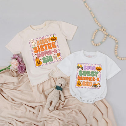 Retro Sibling Halloween Shirts: Spooky Fun Brother-Sister Outfits, Ghost Pumpkin Design, Personalized Fall Baby Tee, Cartoon Halloween Family Apparel