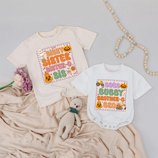 Retro Sibling Halloween Shirts: Spooky Fun Brother-Sister Outfits, Ghost Pumpkin Design, Personalized Fall Baby Tee, Cartoon Halloween Family Apparel