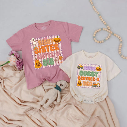 Retro Sibling Halloween Shirts: Spooky Fun Brother-Sister Outfits, Ghost Pumpkin Design, Personalized Fall Baby Tee, Cartoon Halloween Family Apparel