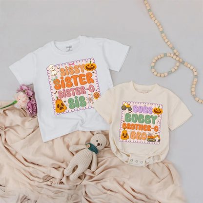 Retro Sibling Halloween Shirts: Spooky Fun Brother-Sister Outfits, Ghost Pumpkin Design, Personalized Fall Baby Tee, Cartoon Halloween Family Apparel