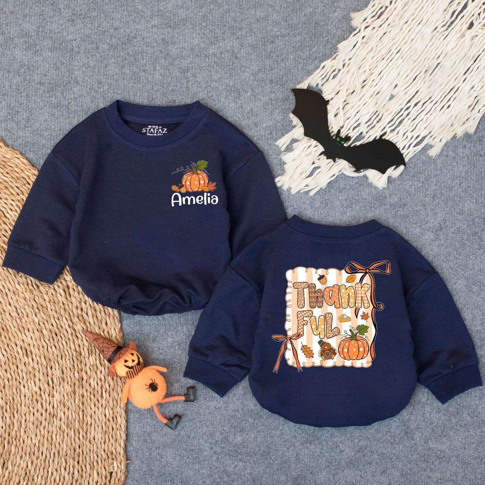 Custom Amelia Bubble Romper with "ThankFUL" Fall Design Baby Thanksgiving Outfit Personalized Toddler Autumn Clothes