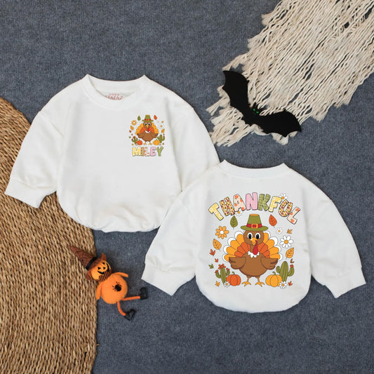 Custom Thankful Turkey Floral Baby Girl Romper Personalized Autumn Outfit Infant Bodysuit Toddler Thanksgiving Celebration Clothes