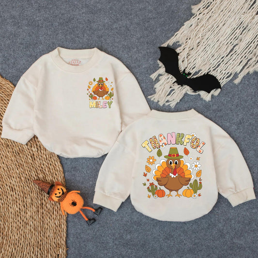 Custom Thankful Turkey Floral Baby Girl Romper Personalized Autumn Outfit Infant Bodysuit Toddler Thanksgiving Celebration Clothes