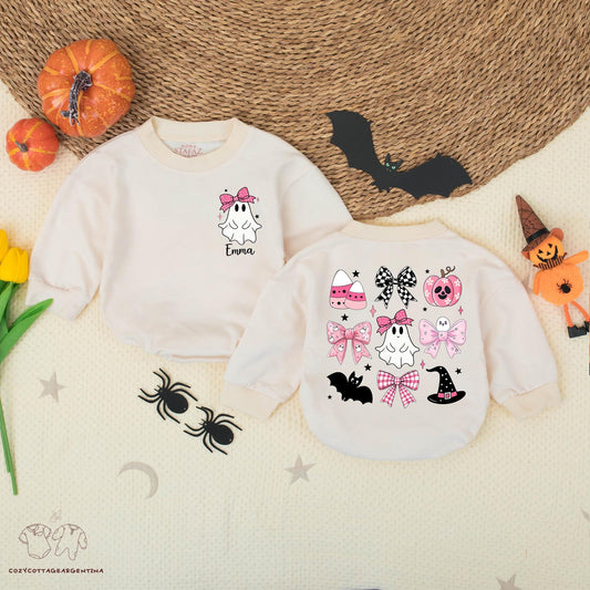 Custom Halloween Baby Girl Romper Pink Ghosts Witch Hat Candy Corn Stars Fall Outfit Retro Gift