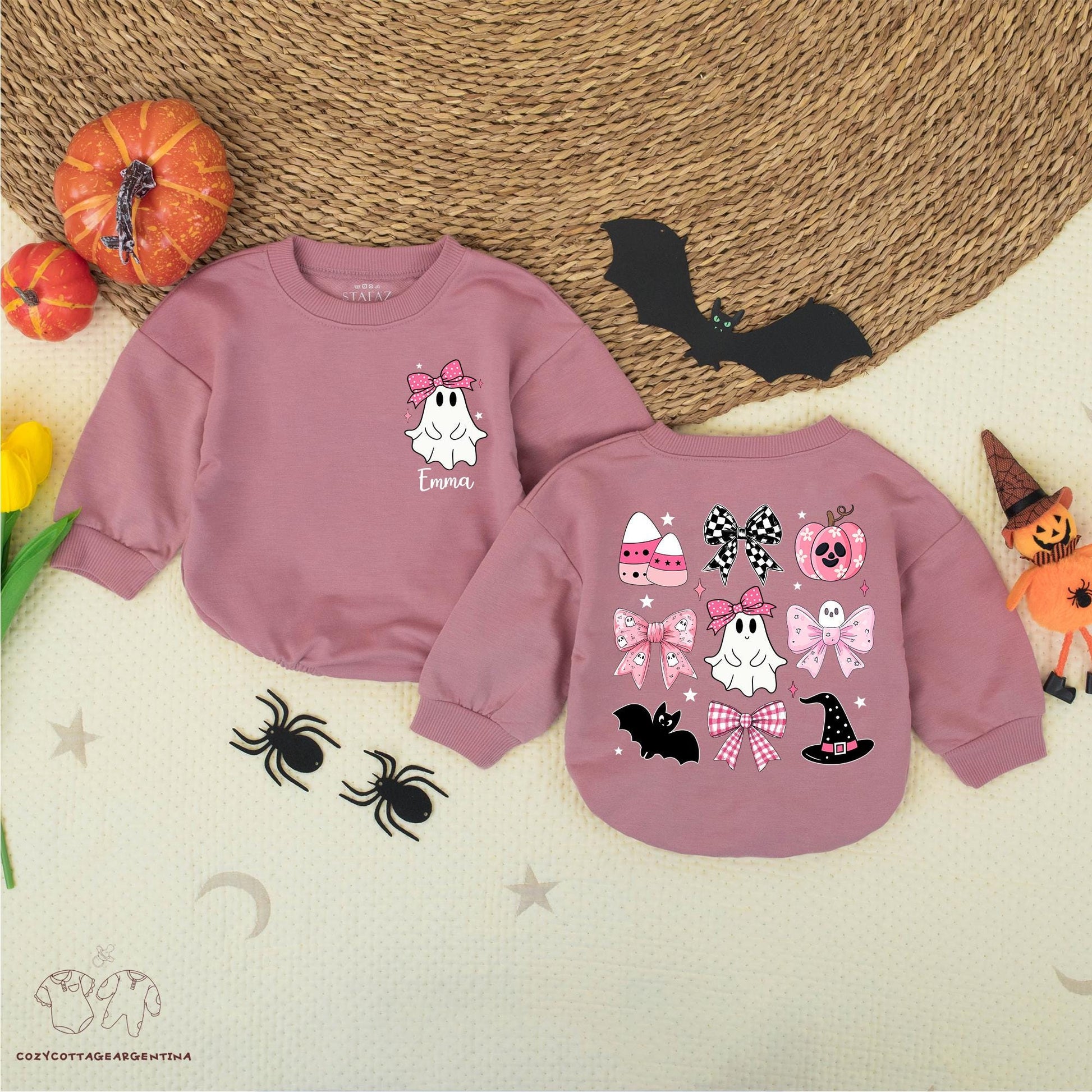 Custom Halloween Baby Girl Romper Pink Ghosts Witch Hat Candy Corn Stars Fall Outfit Retro Gift