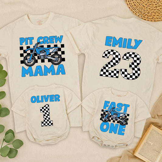 Fast One Pit Crew 1st Birthday Shirt Blue Motorcycle Race Car Party Tee for Birthday Boy or Family Matching Celebration