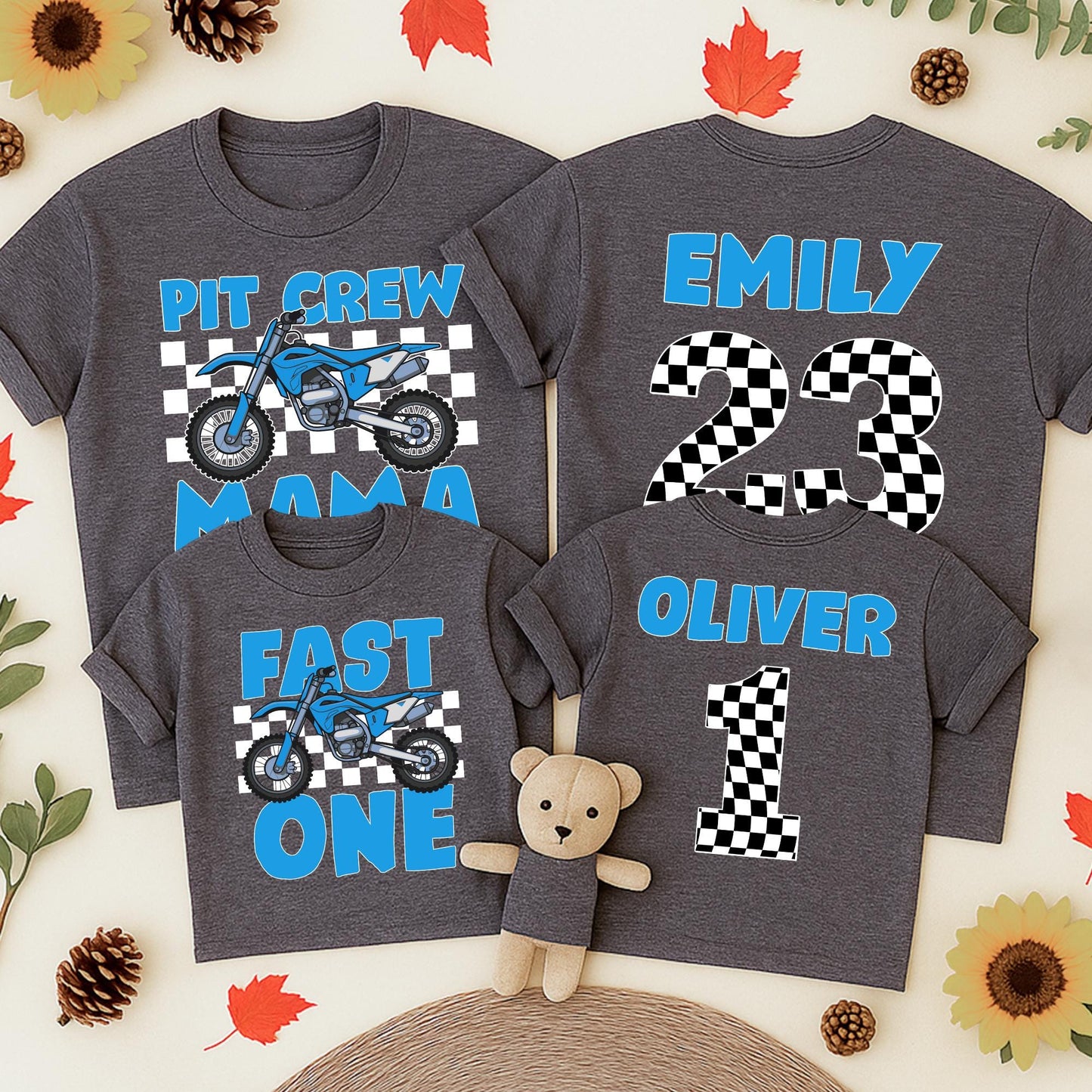 Fast One Pit Crew 1st Birthday Shirt Blue Motorcycle Race Car Party Tee for Birthday Boy or Family Matching Celebration
